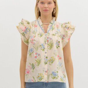 entro Cream Floral Ruffle Sleeve Button Front Blouse